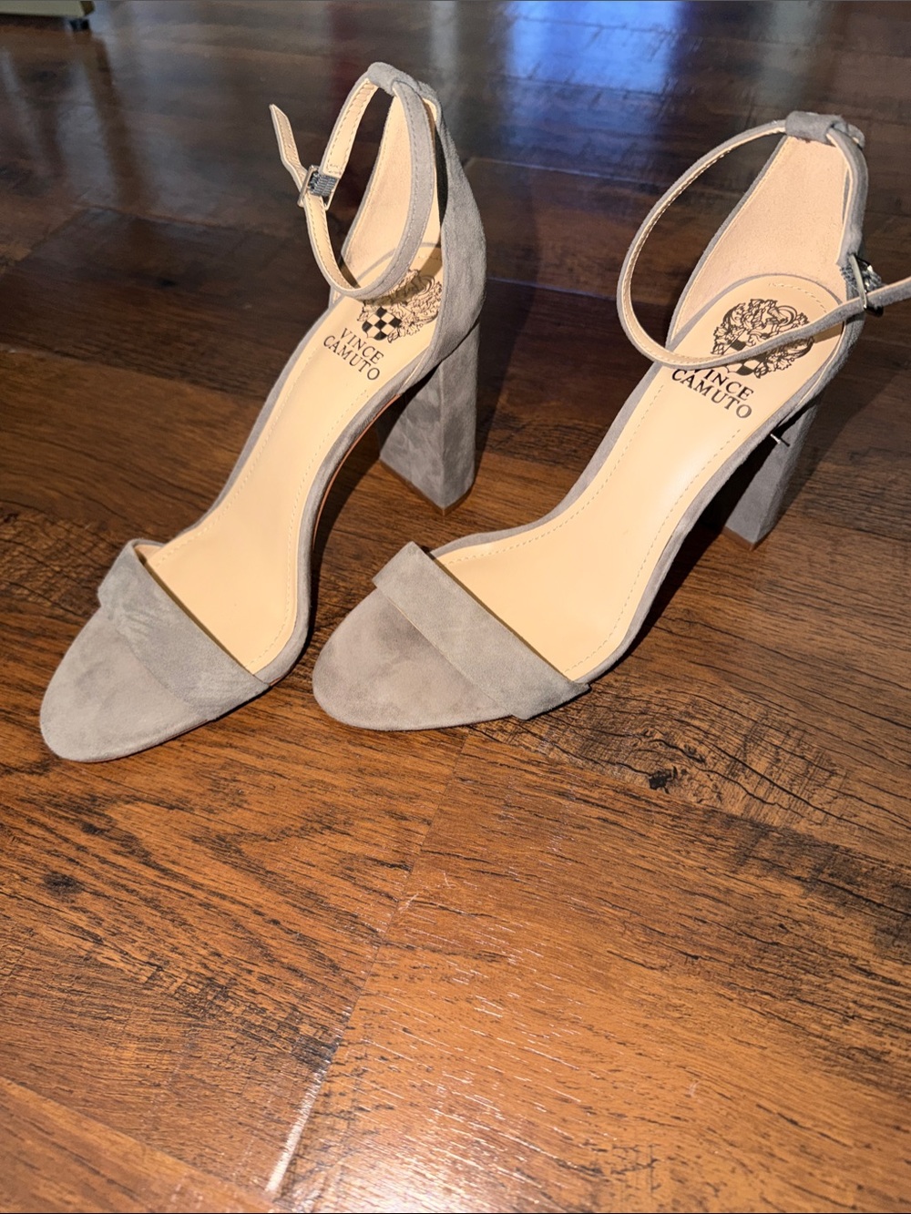 Vince Camuto Light Gray Suede Ankle-Strap Block Heel Sandals